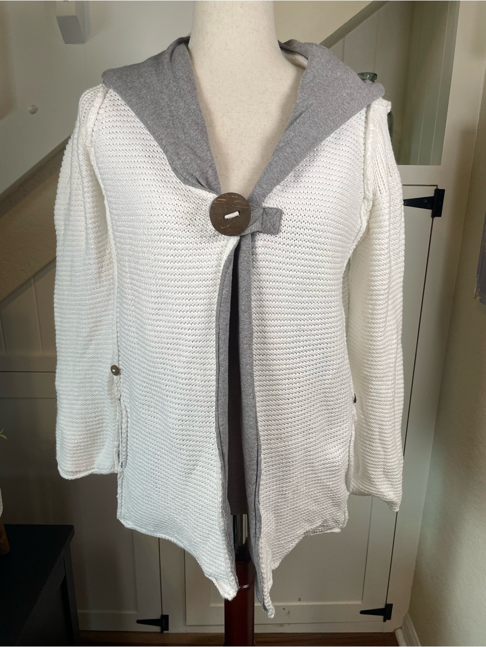 Pure Handknit Studio Classic Cotton Knit Hoodie Cardigan Sweater White Gray L/XL